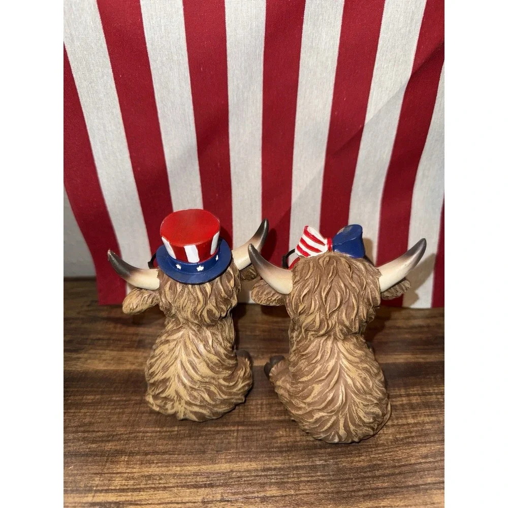 Patriotic Highland Cow Figurine Set‎ 4th Of July Bow Flag Fireworks Glasses New
